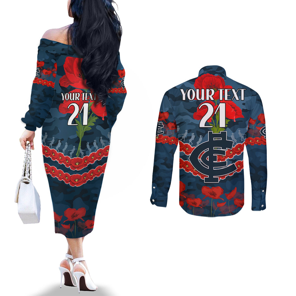 Custom Blues Football Couples Matching Off The Shoulder Long Sleeve Dress and Long Sleeve Button Shirt ANZAC Lest We Forget