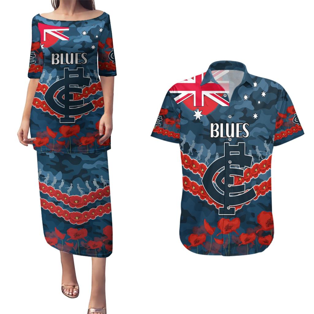 Custom Blues Football Couples Matching Puletasi and Hawaiian Shirt ANZAC Lest We Forget