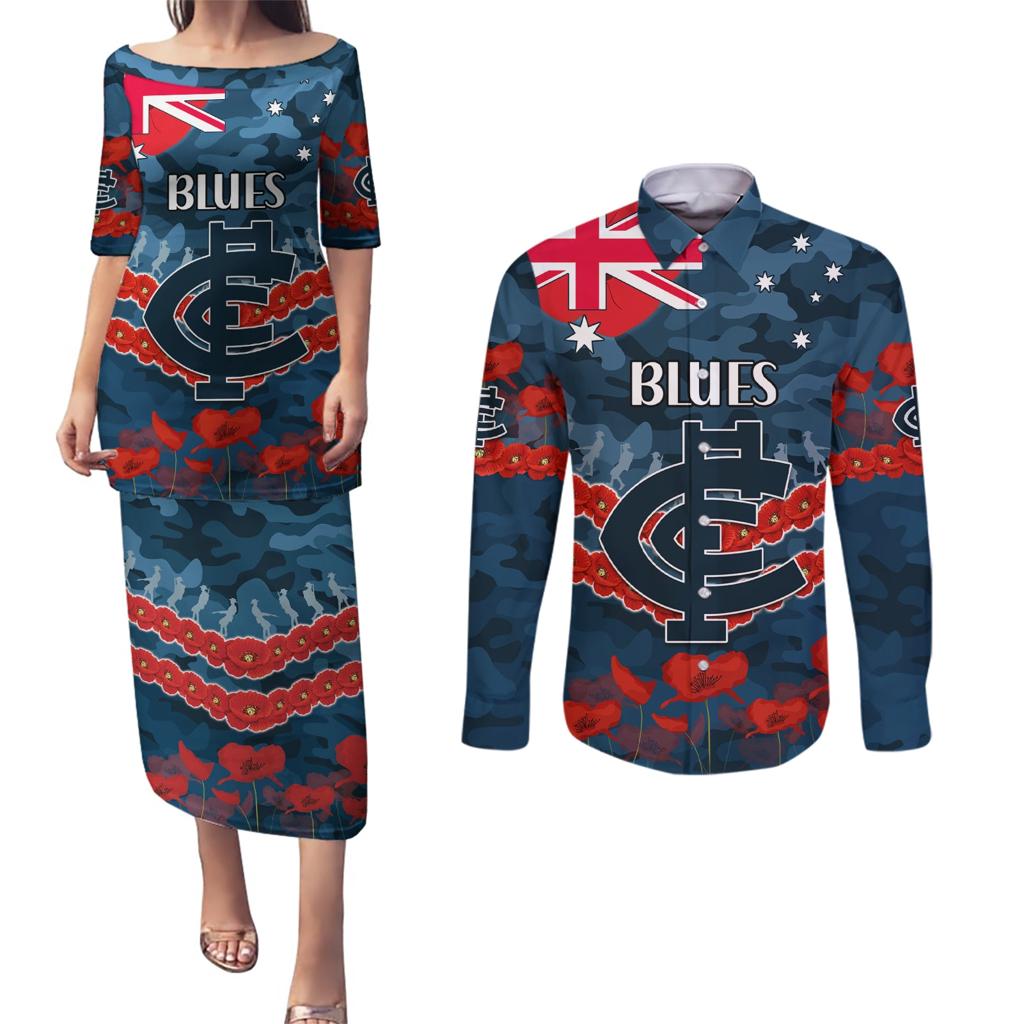 Custom Blues Football Couples Matching Puletasi and Long Sleeve Button Shirt ANZAC Lest We Forget