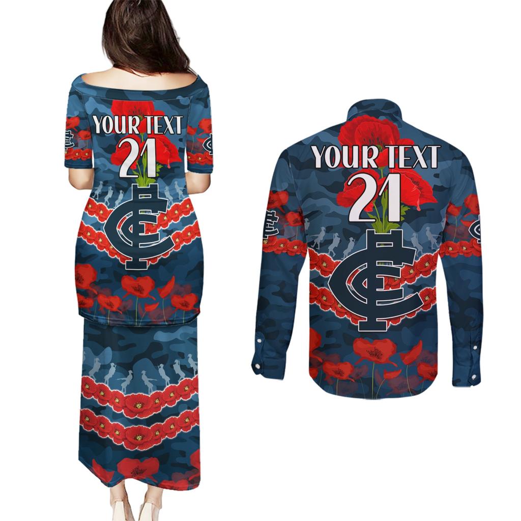 Custom Blues Football Couples Matching Puletasi and Long Sleeve Button Shirt ANZAC Lest We Forget