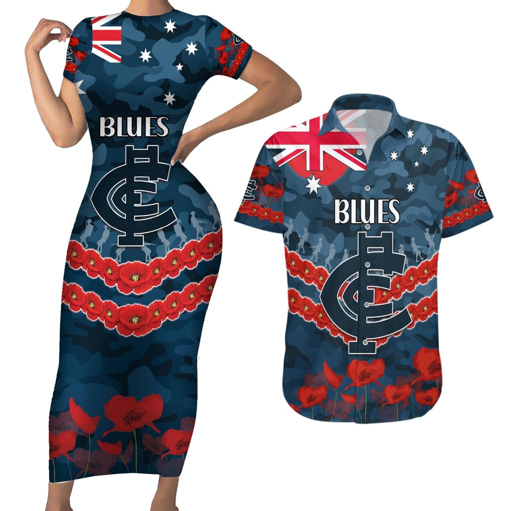 Custom Blues Football Couples Matching Short Sleeve Bodycon Dress and Hawaiian Shirt ANZAC Lest We Forget