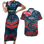 Custom Blues Football Couples Matching Short Sleeve Bodycon Dress and Hawaiian Shirt ANZAC Lest We Forget