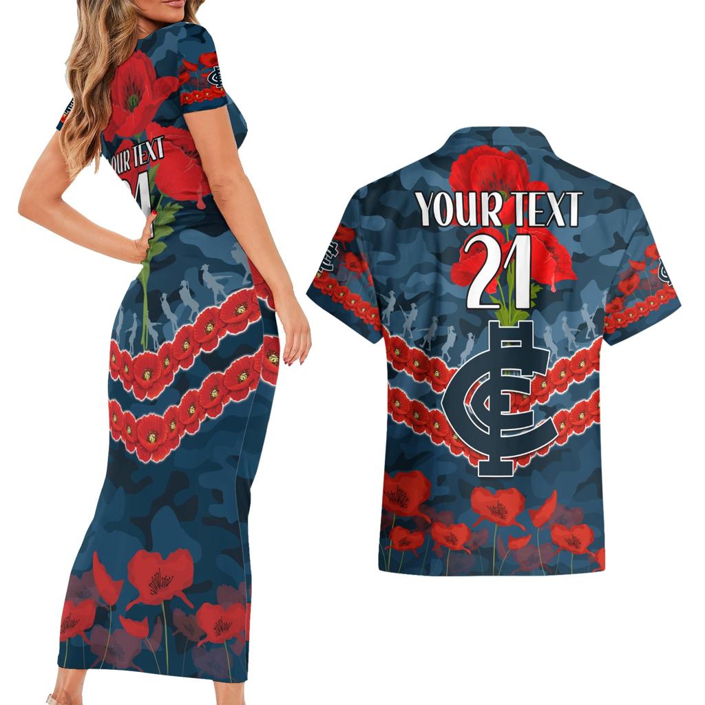 Custom Blues Football Couples Matching Short Sleeve Bodycon Dress and Hawaiian Shirt ANZAC Lest We Forget