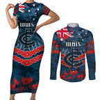 Custom Blues Football Couples Matching Short Sleeve Bodycon Dress and Long Sleeve Button Shirt ANZAC Lest We Forget