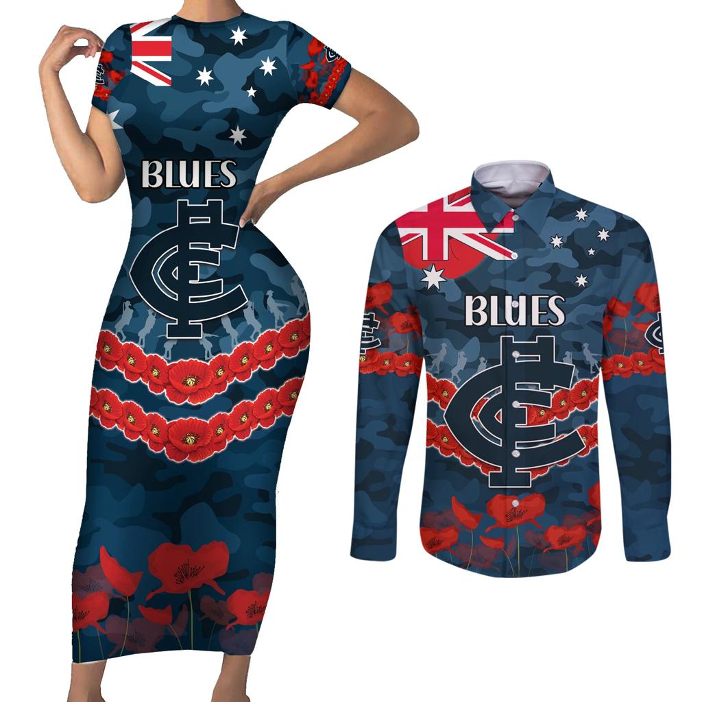 Custom Blues Football Couples Matching Short Sleeve Bodycon Dress and Long Sleeve Button Shirt ANZAC Lest We Forget