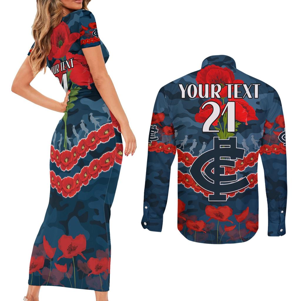 Custom Blues Football Couples Matching Short Sleeve Bodycon Dress and Long Sleeve Button Shirt ANZAC Lest We Forget