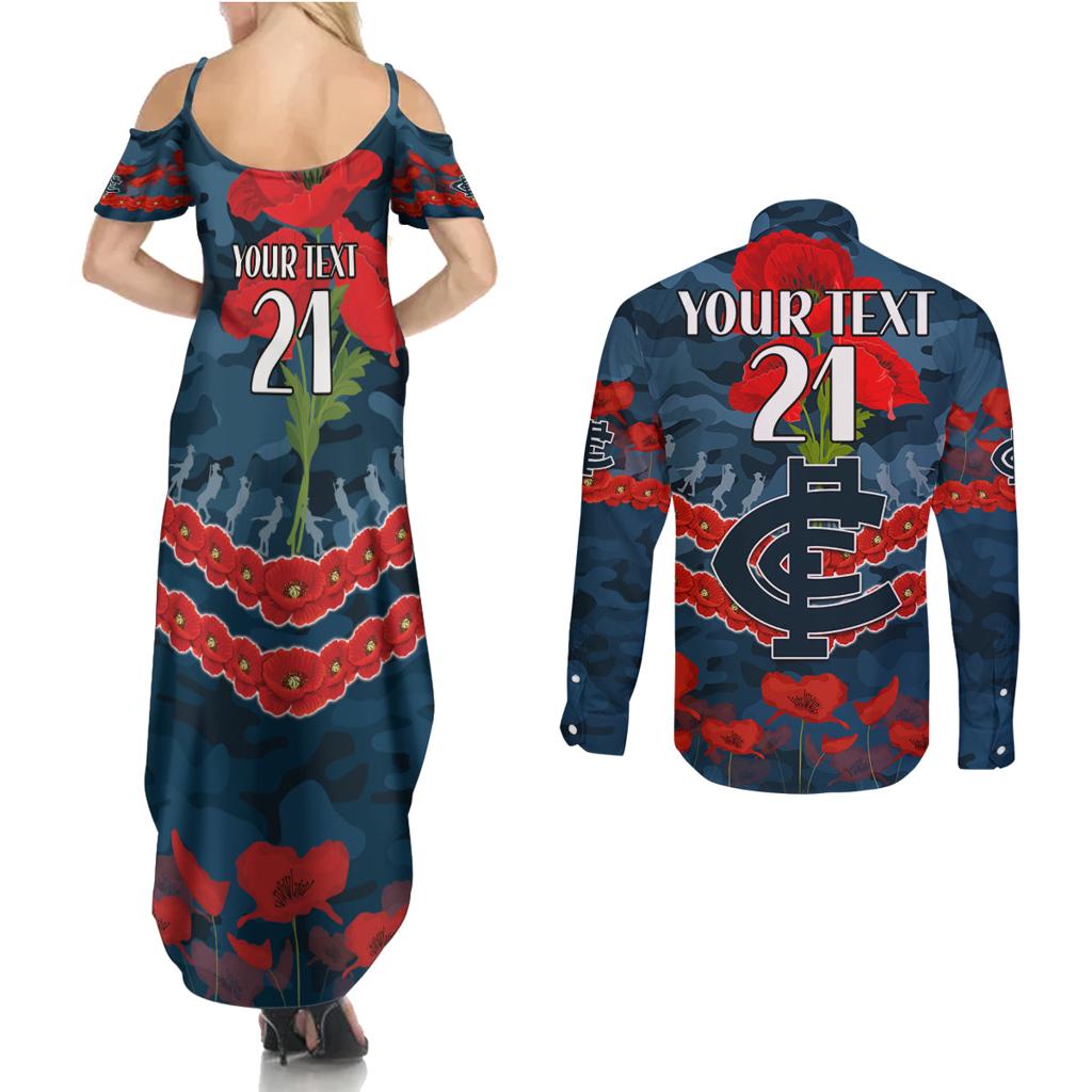 Custom Blues Football Couples Matching Summer Maxi Dress and Long Sleeve Button Shirt ANZAC Lest We Forget