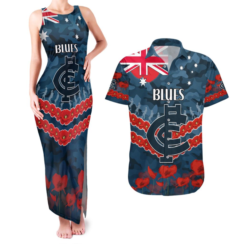 Custom Blues Football Couples Matching Tank Maxi Dress and Hawaiian Shirt ANZAC Lest We Forget