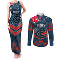 Custom Blues Football Couples Matching Tank Maxi Dress and Long Sleeve Button Shirt ANZAC Lest We Forget