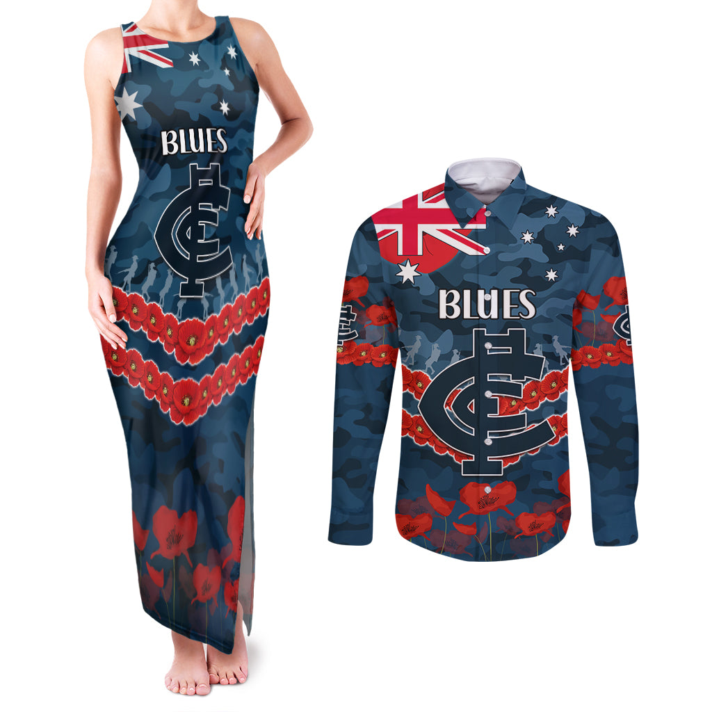 Custom Blues Football Couples Matching Tank Maxi Dress and Long Sleeve Button Shirt ANZAC Lest We Forget