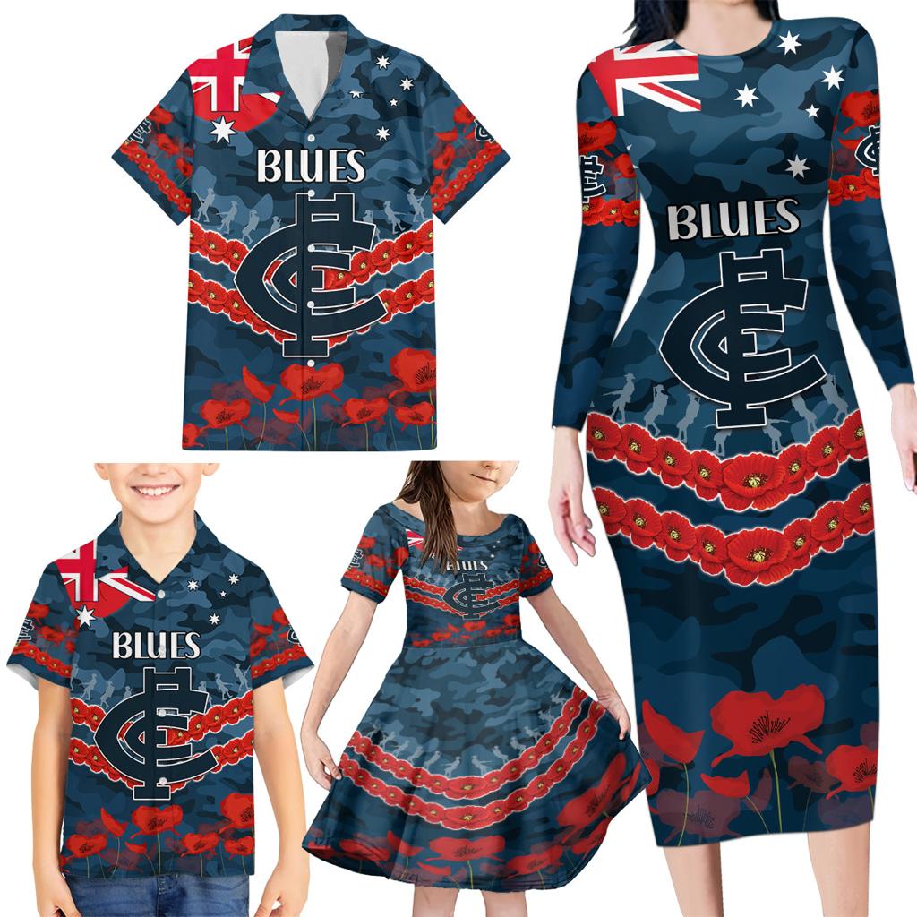 Custom Blues Football Family Matching Long Sleeve Bodycon Dress and Hawaiian Shirt ANZAC Lest We Forget