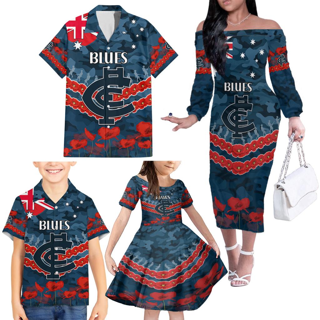 Custom Blues Football Family Matching Off The Shoulder Long Sleeve Dress and Hawaiian Shirt ANZAC Lest We Forget