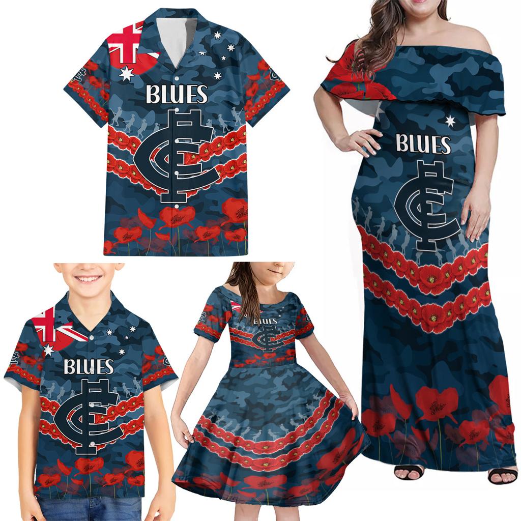 Custom Blues Football Family Matching Off Shoulder Maxi Dress and Hawaiian Shirt ANZAC Lest We Forget