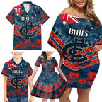 Custom Blues Football Family Matching Off Shoulder Short Dress and Hawaiian Shirt ANZAC Lest We Forget