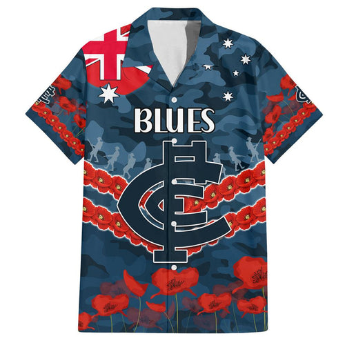 Custom Blues Football Family Matching Off Shoulder Short Dress and Hawaiian Shirt ANZAC Lest We Forget