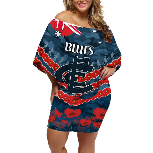 Custom Blues Football Family Matching Off Shoulder Short Dress and Hawaiian Shirt ANZAC Lest We Forget
