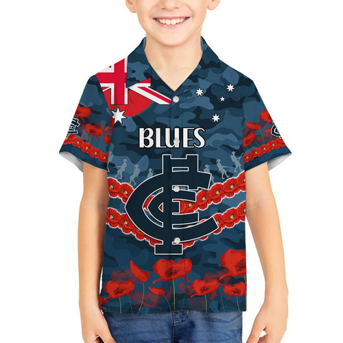 Custom Blues Football Family Matching Off Shoulder Short Dress and Hawaiian Shirt ANZAC Lest We Forget