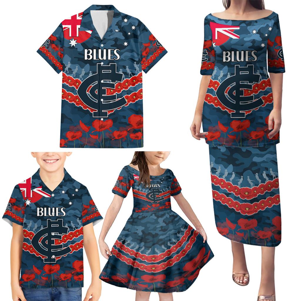 Custom Blues Football Family Matching Puletasi and Hawaiian Shirt ANZAC Lest We Forget