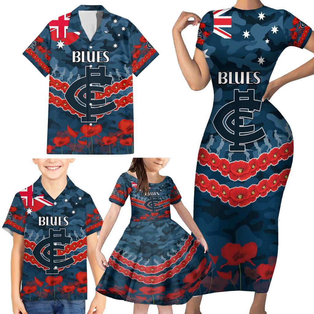 Custom Blues Football Family Matching Short Sleeve Bodycon Dress and Hawaiian Shirt ANZAC Lest We Forget