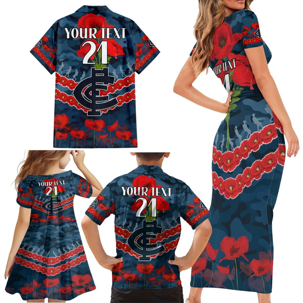 Custom Blues Football Family Matching Short Sleeve Bodycon Dress and Hawaiian Shirt ANZAC Lest We Forget