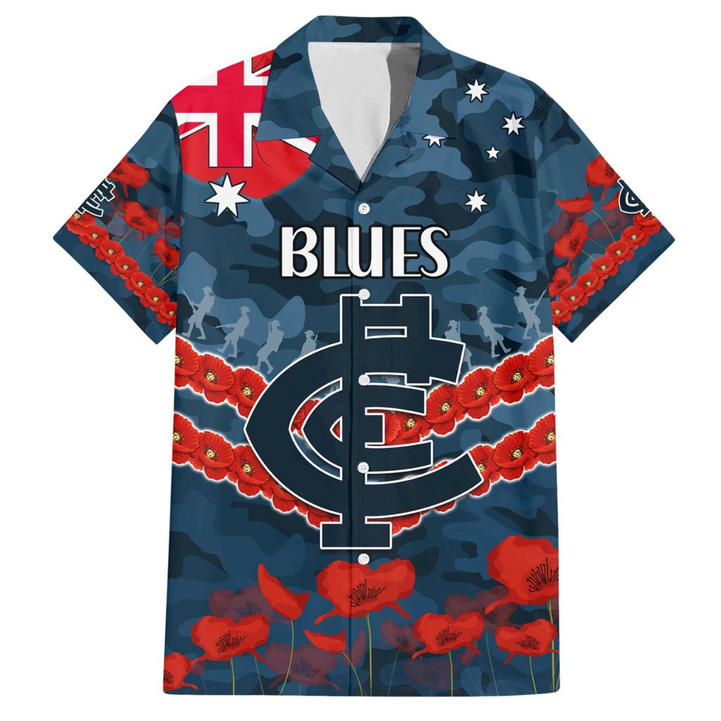Custom Blues Football Family Matching Short Sleeve Bodycon Dress and Hawaiian Shirt ANZAC Lest We Forget