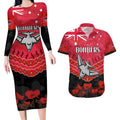 Custom Bombers Football Couples Matching Long Sleeve Bodycon Dress and Hawaiian Shirt ANZAC Lest We Forget