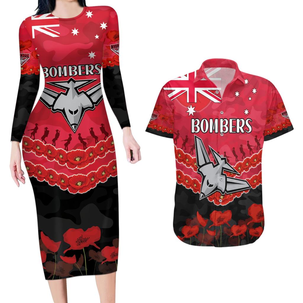 Custom Bombers Football Couples Matching Long Sleeve Bodycon Dress and Hawaiian Shirt ANZAC Lest We Forget