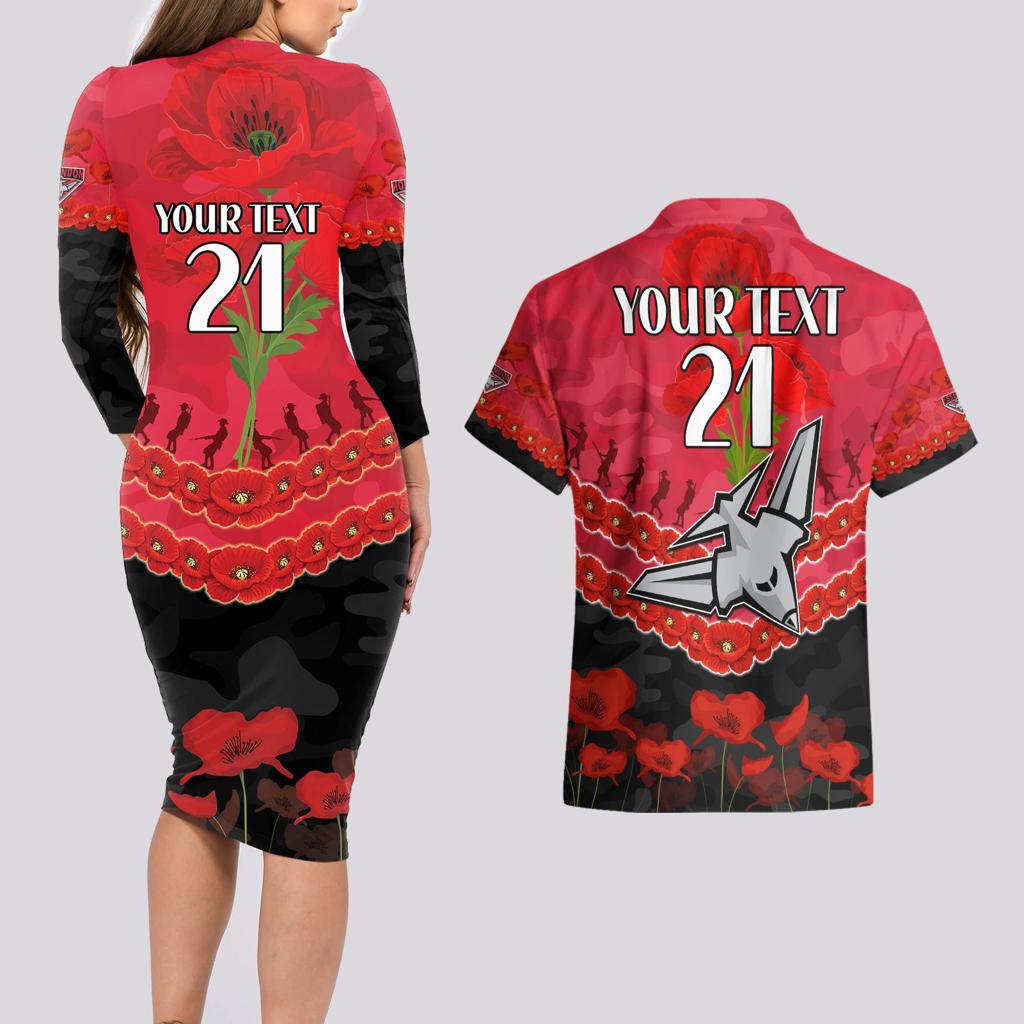 Custom Bombers Football Couples Matching Long Sleeve Bodycon Dress and Hawaiian Shirt ANZAC Lest We Forget