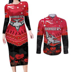 Custom Bombers Football Couples Matching Long Sleeve Bodycon Dress and Long Sleeve Button Shirt ANZAC Lest We Forget