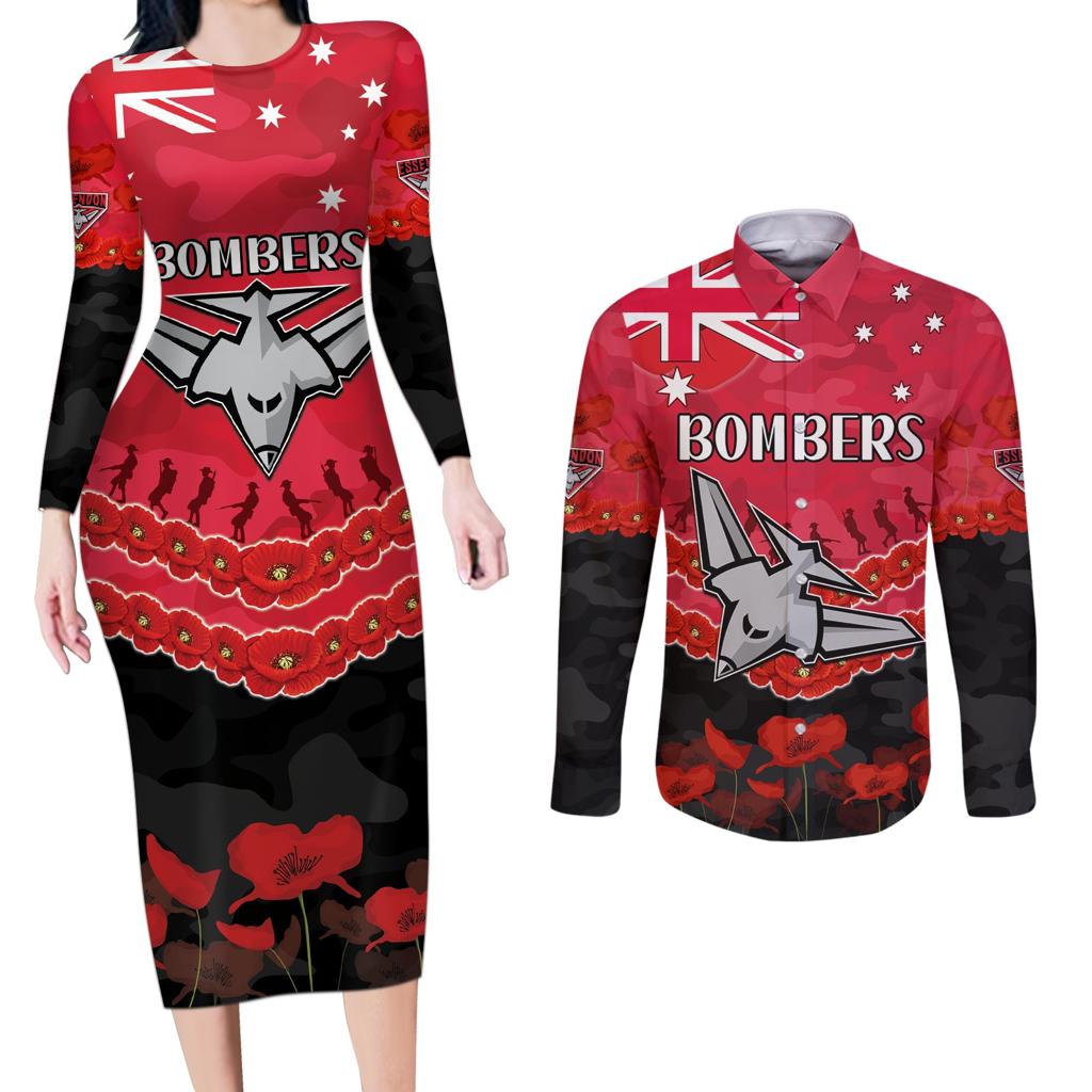 Custom Bombers Football Couples Matching Long Sleeve Bodycon Dress and Long Sleeve Button Shirt ANZAC Lest We Forget