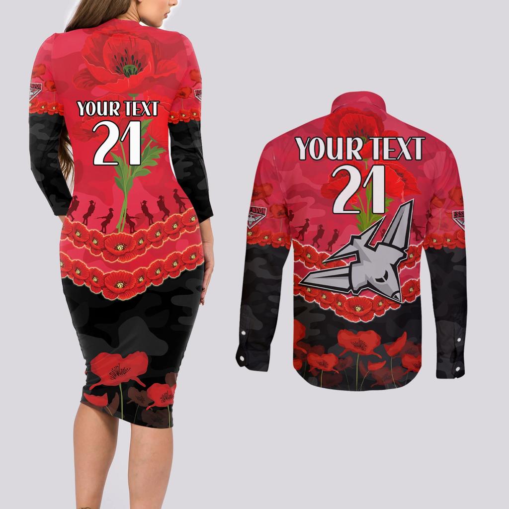 Custom Bombers Football Couples Matching Long Sleeve Bodycon Dress and Long Sleeve Button Shirt ANZAC Lest We Forget