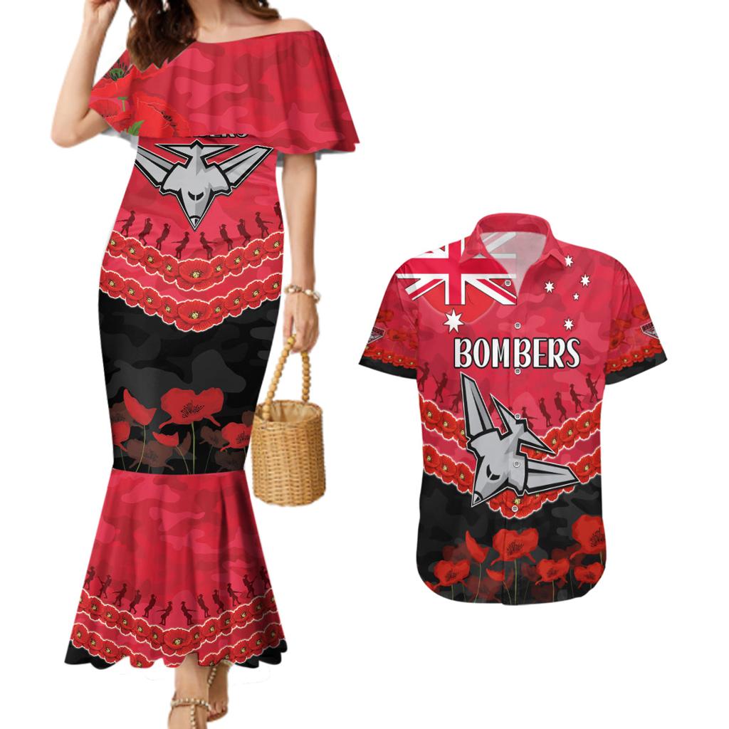 Custom Bombers Football Couples Matching Mermaid Dress and Hawaiian Shirt ANZAC Lest We Forget