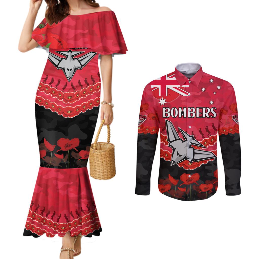 Custom Bombers Football Couples Matching Mermaid Dress and Long Sleeve Button Shirt ANZAC Lest We Forget