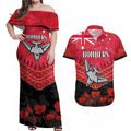 Custom Bombers Football Couples Matching Off Shoulder Maxi Dress and Hawaiian Shirt ANZAC Lest We Forget