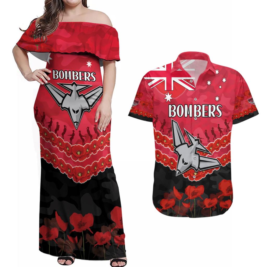 Custom Bombers Football Couples Matching Off Shoulder Maxi Dress and Hawaiian Shirt ANZAC Lest We Forget