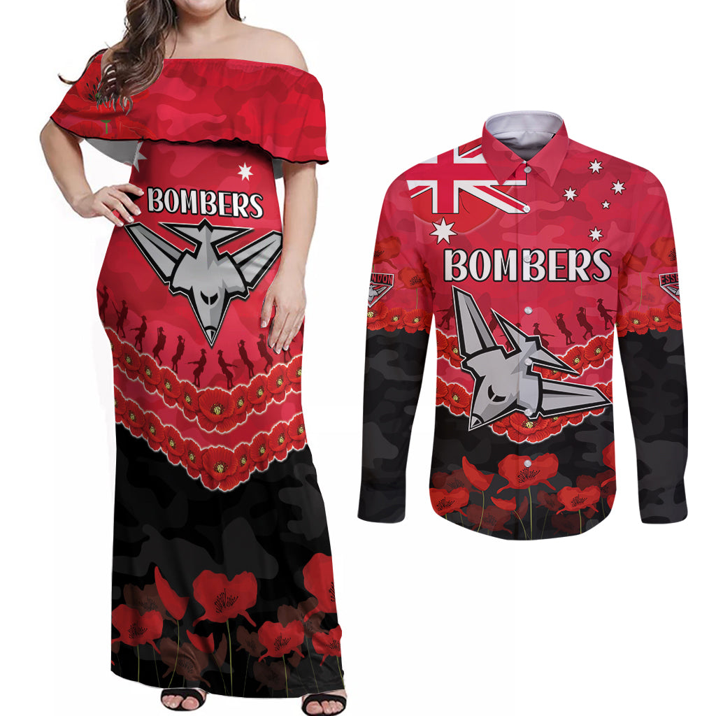 Custom Bombers Football Couples Matching Off Shoulder Maxi Dress and Long Sleeve Button Shirt ANZAC Lest We Forget