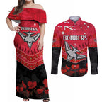 Custom Bombers Football Couples Matching Off Shoulder Maxi Dress and Long Sleeve Button Shirt ANZAC Lest We Forget