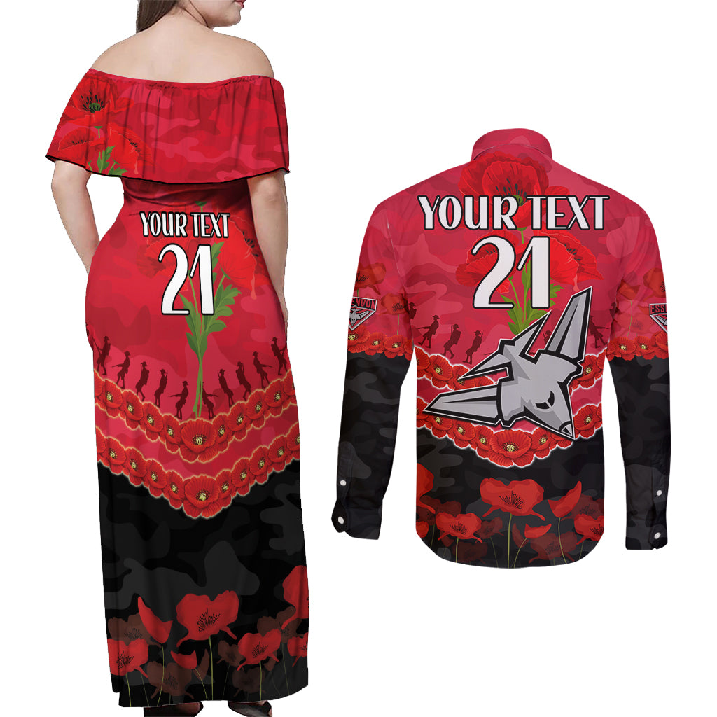 Custom Bombers Football Couples Matching Off Shoulder Maxi Dress and Long Sleeve Button Shirt ANZAC Lest We Forget