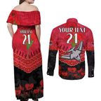 Custom Bombers Football Couples Matching Off Shoulder Maxi Dress and Long Sleeve Button Shirt ANZAC Lest We Forget