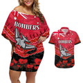 Custom Bombers Football Couples Matching Off Shoulder Short Dress and Hawaiian Shirt ANZAC Lest We Forget