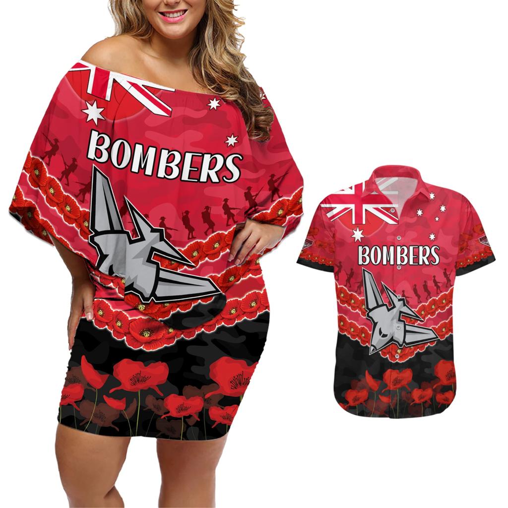 Custom Bombers Football Couples Matching Off Shoulder Short Dress and Hawaiian Shirt ANZAC Lest We Forget
