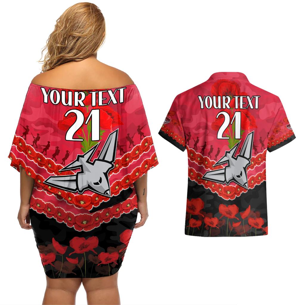 Custom Bombers Football Couples Matching Off Shoulder Short Dress and Hawaiian Shirt ANZAC Lest We Forget