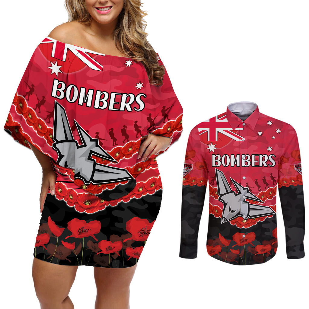 Custom Bombers Football Couples Matching Off Shoulder Short Dress and Long Sleeve Button Shirt ANZAC Lest We Forget