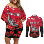 Custom Bombers Football Couples Matching Off Shoulder Short Dress and Long Sleeve Button Shirt ANZAC Lest We Forget
