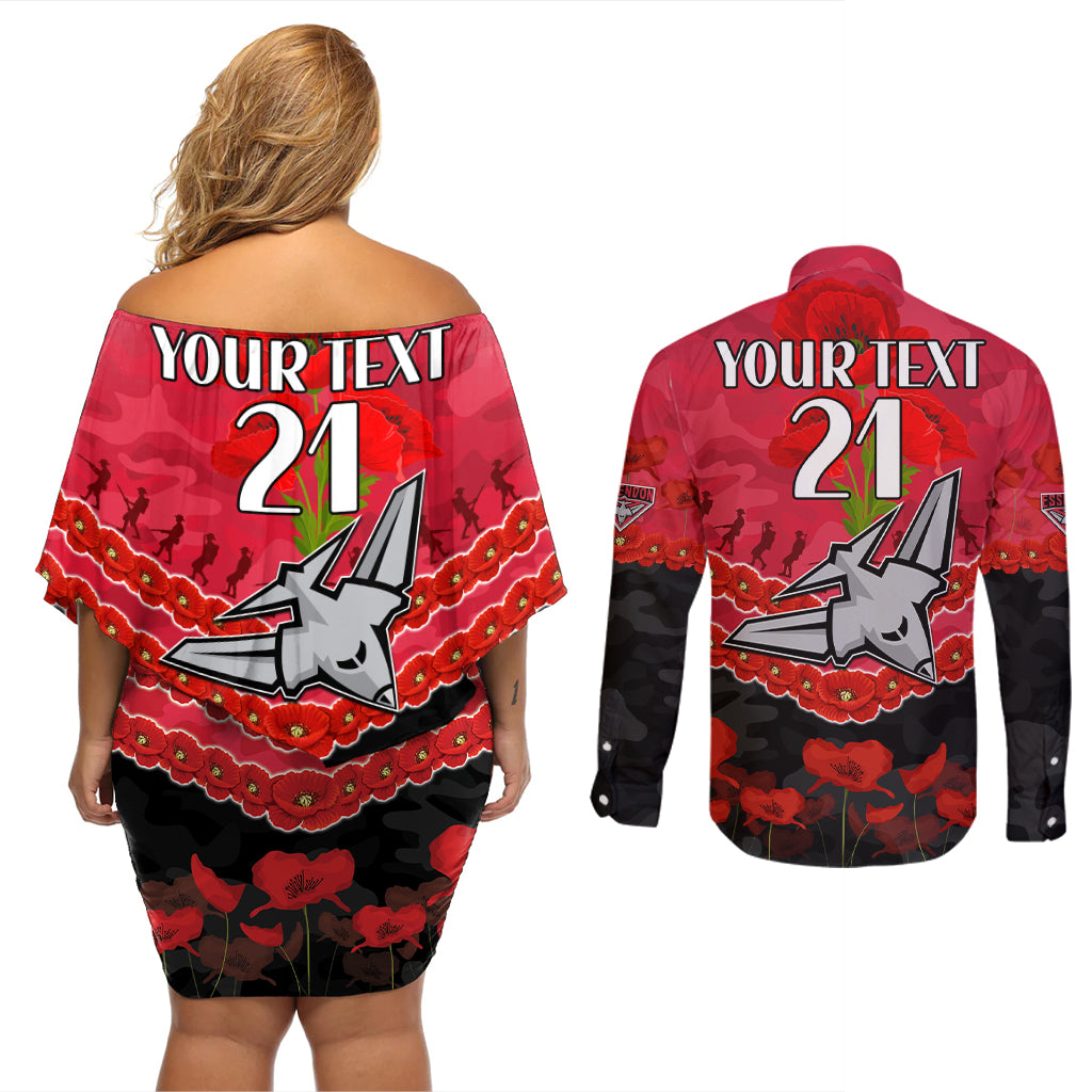 Custom Bombers Football Couples Matching Off Shoulder Short Dress and Long Sleeve Button Shirt ANZAC Lest We Forget