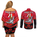 Custom Bombers Football Couples Matching Off Shoulder Short Dress and Long Sleeve Button Shirt ANZAC Lest We Forget