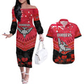Custom Bombers Football Couples Matching Off The Shoulder Long Sleeve Dress and Hawaiian Shirt ANZAC Lest We Forget