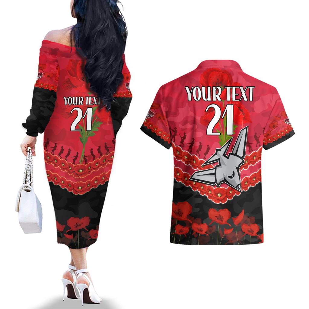 Custom Bombers Football Couples Matching Off The Shoulder Long Sleeve Dress and Hawaiian Shirt ANZAC Lest We Forget