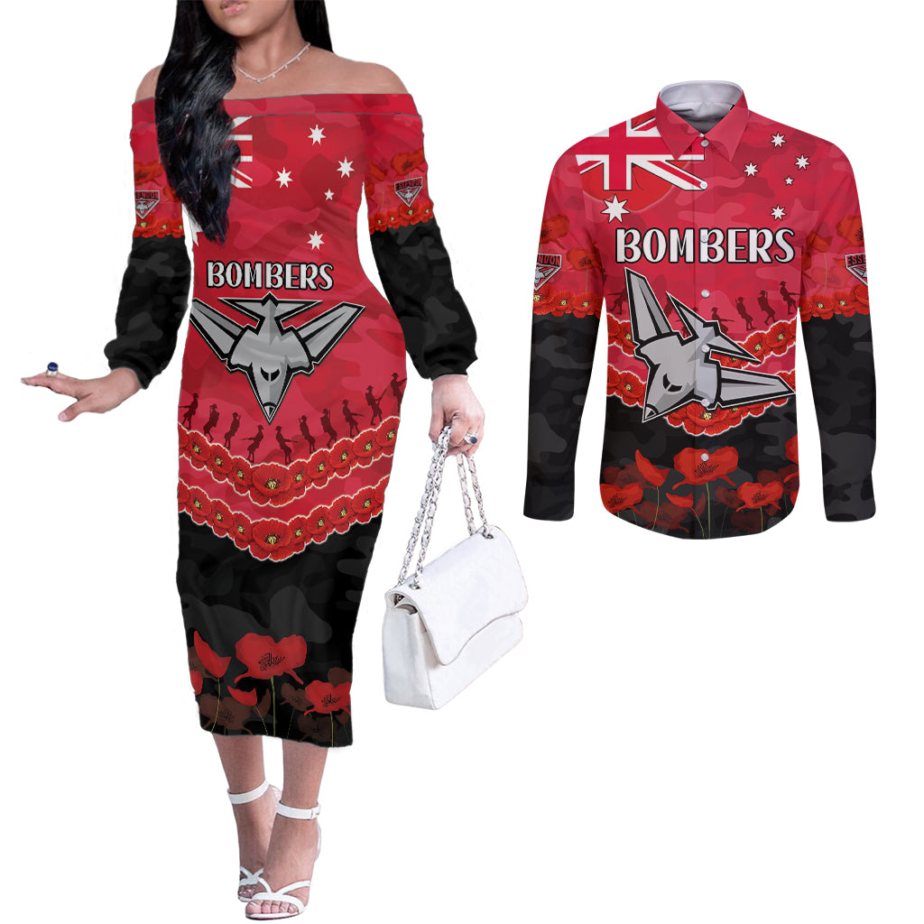 Custom Bombers Football Couples Matching Off The Shoulder Long Sleeve Dress and Long Sleeve Button Shirt ANZAC Lest We Forget