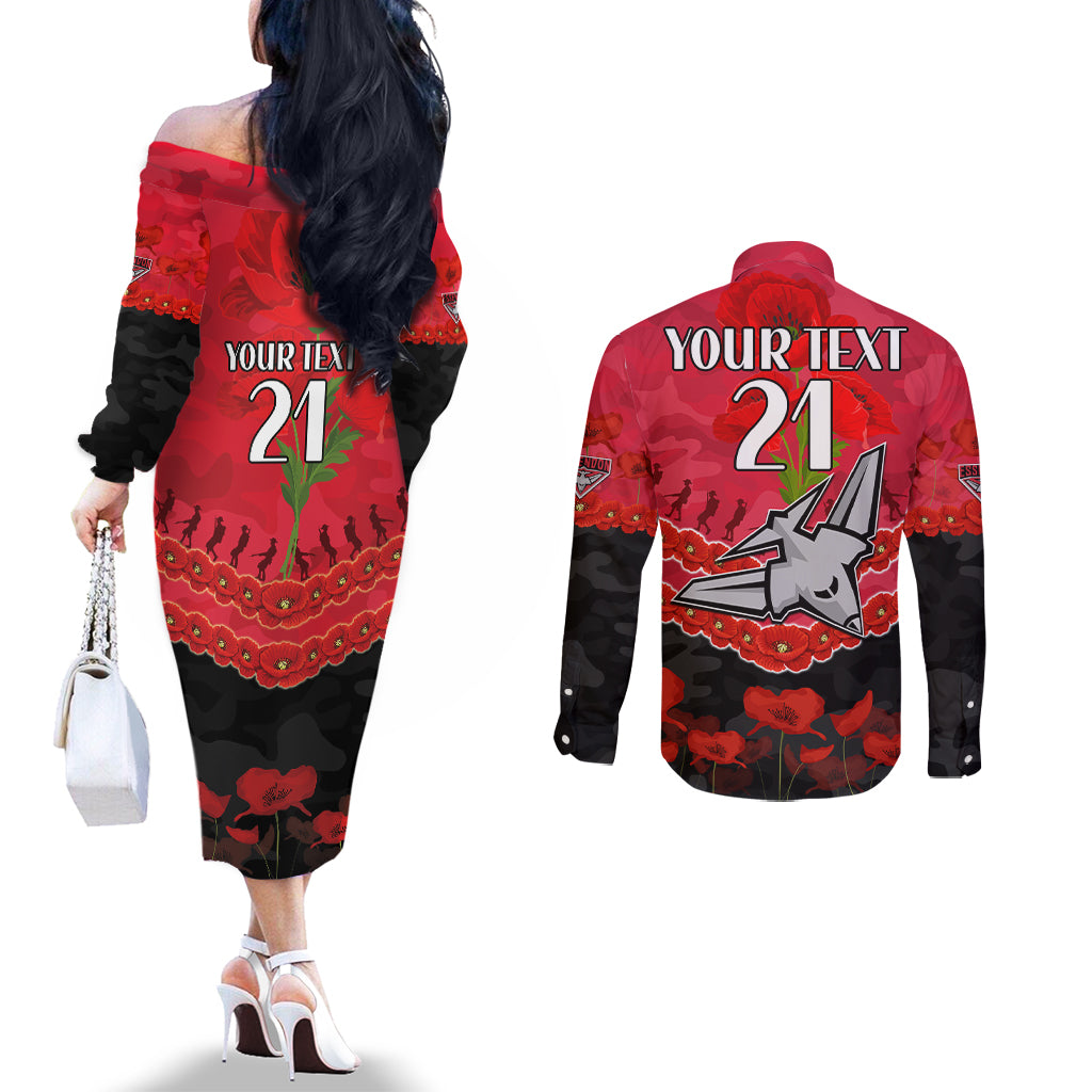 Custom Bombers Football Couples Matching Off The Shoulder Long Sleeve Dress and Long Sleeve Button Shirt ANZAC Lest We Forget